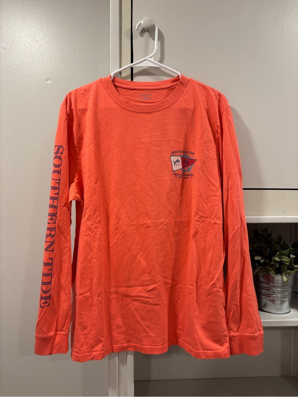 Southern Tide Men's Long-Sleeve Tee in Coral Orange with Navy Print